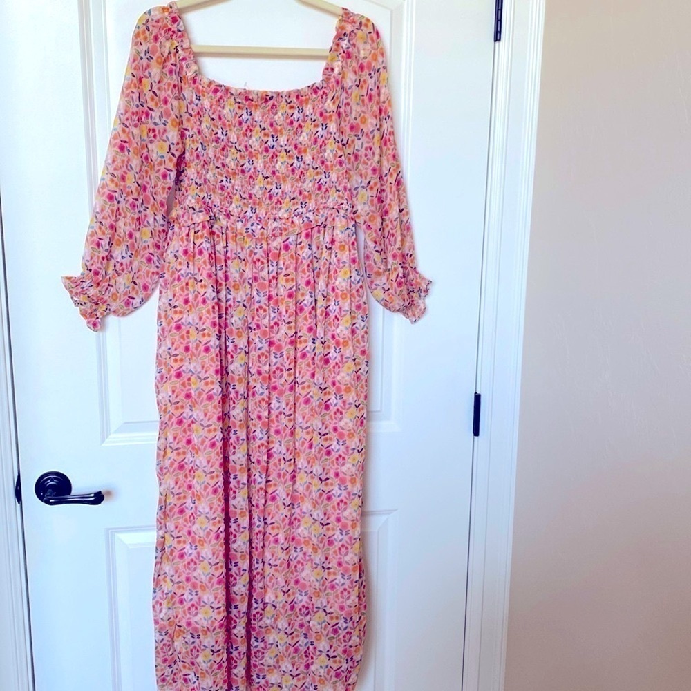 Lili Sidonio Smocked Maxi dress Womens L Garden Floral sheer peasant puff sleeve